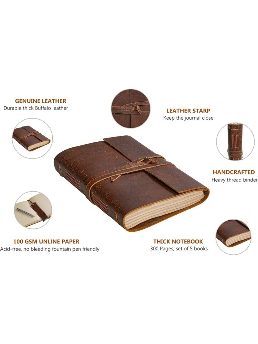 Rustic Leather Journal Notebook - Vintage Handmade Diary with 300 Unlined Pages